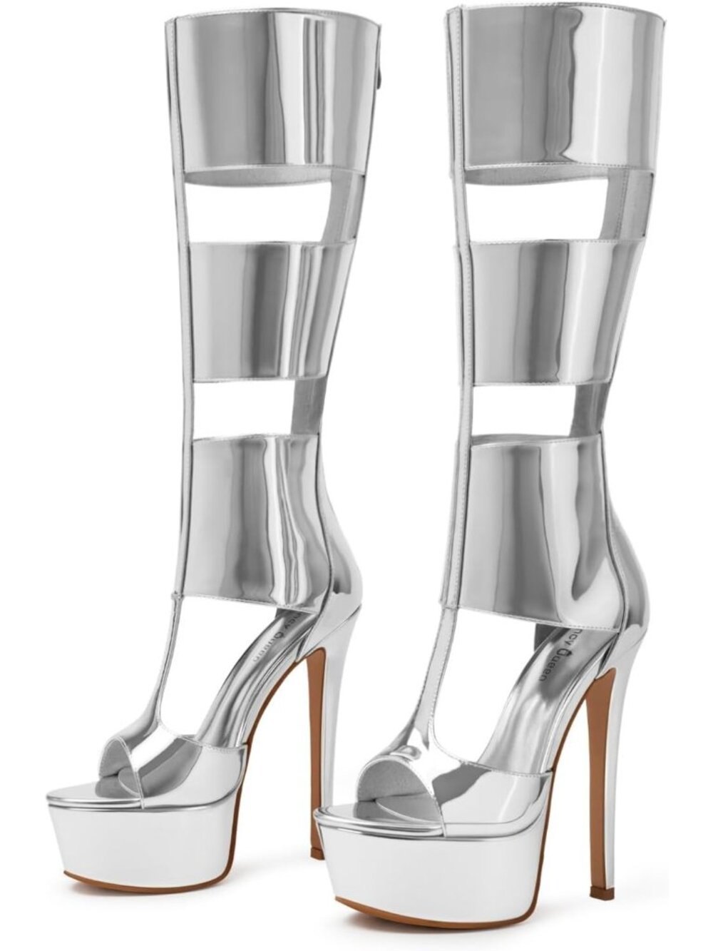 Women's Silver Faux Leather Summer Open Toe Sexy Style Casual Knee High Heels
